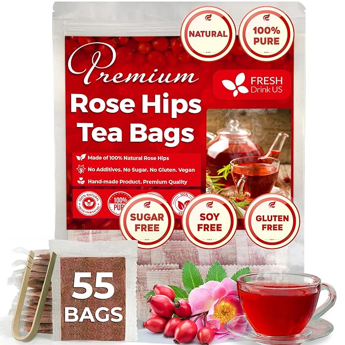 FreshDrinkUS, Premium 55 Rosehip Tea Bags, 100% Natural & Pure from Rose Hip Fruits. Loose Rosehip Herbal Tea. Made with Natural Material Tea Bags. No Sugar, No Caffeine, No Gluten, Vegan.
