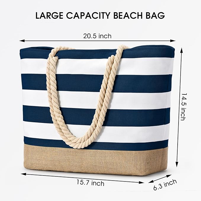 Becokan Beach Bags for Women Large Canvas Beach Tote Bag Beach Bags Waterproof Sandproof Swim Pool Bag Travel Essentials