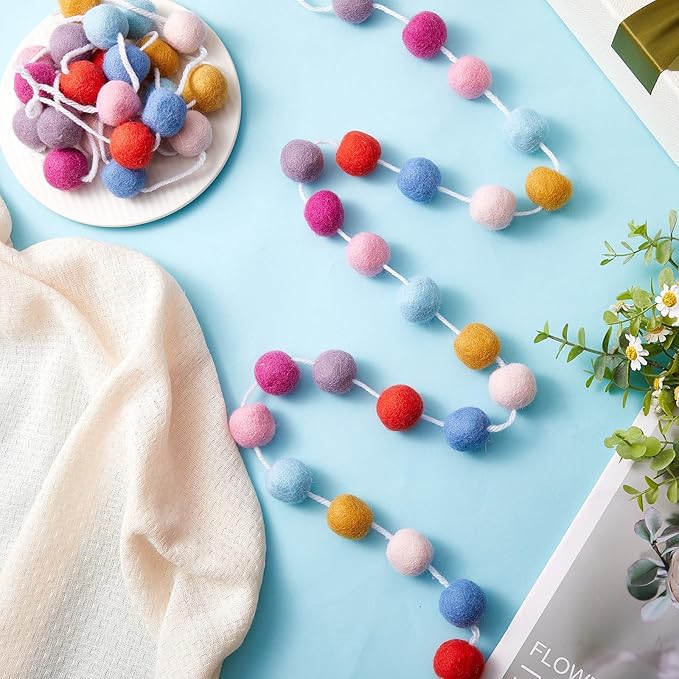 Boao 2 Pieces Wool Felt Ball Garland Colorful Pom Pom Garland Handmade 6.5 Feet Long 24 Balls Felt Banner for Wall Christmas Tree Decoration (Lovely Colors)
