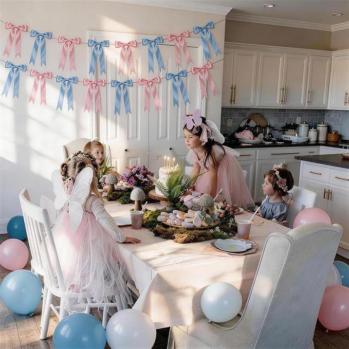 2 Strings Baby Pink & Blue Bow Garland Banner Decorations, 16Pcs Pre-Strung Satin Ribbon with 6.7ft Chain for Pink Blue Ribbon Bow Banner Coquette Room Birthday Baby Shower Gender Reveal Party Decor