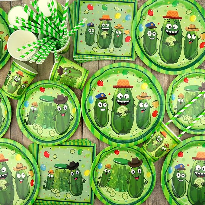 Pickle Birthday Decorations - Pickle Party Tableware, Plates Cups Napkins Pickle Party Tablecloth Happy Birthday Backdrop Balloons Cake Toppers for Pickle Birthday Supplie