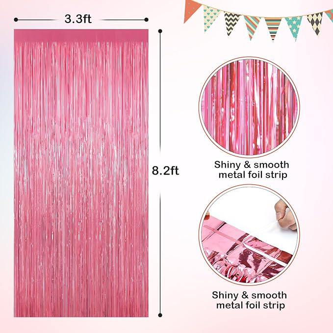 Pink Metallic Tinsel Foil Fringe Curtains, 2 Pack 3.3x8.3 Feet Party Streamer for Birthday Party Decorations, Halloween Decor, Foil Curtain Backdrop for Bachelorette Party