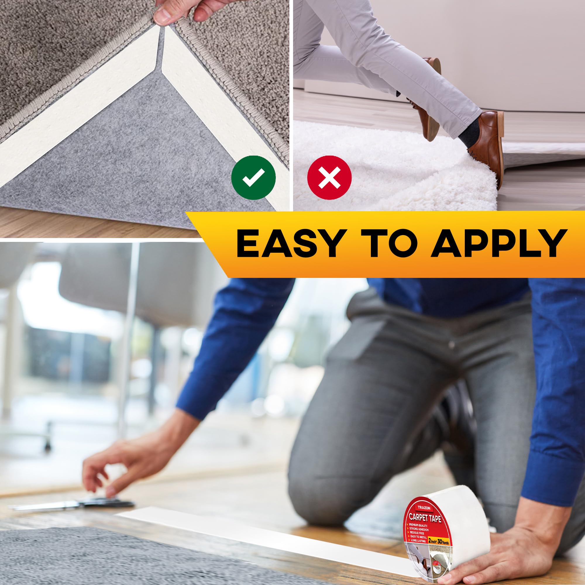 Trazon Carpet Tape Double Sided - Rug Tape Grippers for Hardwood Floors and Area Rugs - Carpet Binding Tape Strong Adhesive and Removable, Heavy Duty Stickers Tape, Residue Free (2 Inch / 30 Yards)