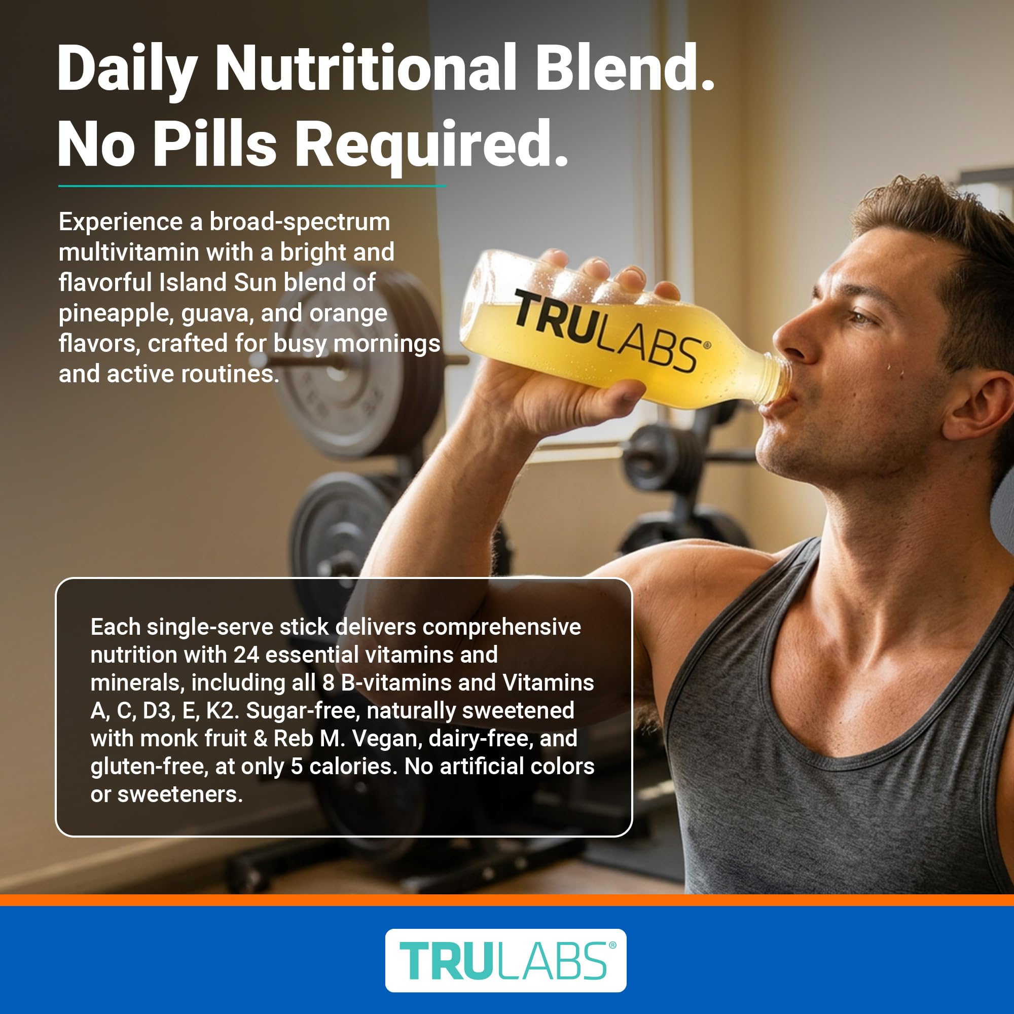 TRULABS Multivitamin Drink Mix – Island Sun Flavor with 24 Vitamins & Minerals, 8 B Vitamins, A, C, D3, E, K2, Sugar Free with Monk Fruit, Dairy Gluten Soy Free, Vegan (16 Stick Packs)