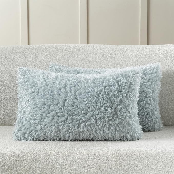 FUTEI Light Blue Decorative Throw Pillow Covers 12x20 Inch Set of 2,Soft Fluffy Faux Wool Fur Boucle Textured Lumbar Pillow Case,Modern Home Decor for Couch Bed Living Room Office