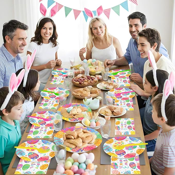 96 Pcs Happy Easter Plates and Napkins Forks Sets - Colorful Eggs Themed Round Tableware, Disposable Spring Flowers Paper Plates Napkins Set for Easter Party Supplies Favors Table Decor, Serves 24
