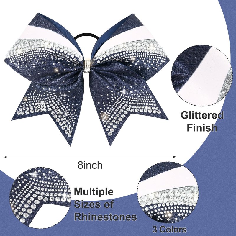 DEEKA 6 PCS 7" Large Glitter Cheer Bows with Shiny Rhinestones Three Color Stiff Hair Bows Elastic Band Ponytail Holder for for Cheerleaders Softball Girls Sports -Navy/Silver/White