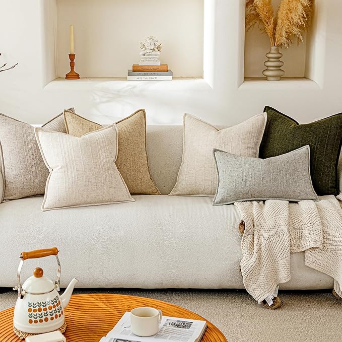 a moment Linen Pillow Covers Set of 2,Boho Farmhouse Throw Pillowcases Neutral Textured Decorative Covers for Couch Sofa, Soft Linen Blend Accent Case Cushion Living Room Home Decor 22"x22"Khaki