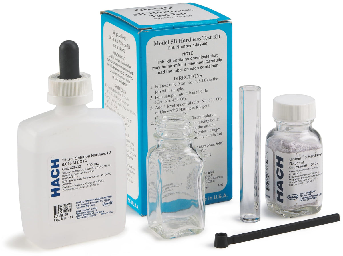 Hach Total Hardness Test Kit, Model 5-B, Water Analysis Kit for Drop Count Titration, with 2 Reagents, Measuring Tube, Square Bottle & Measuring Scoop, 145300