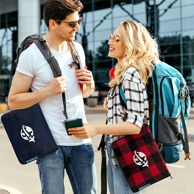 PAVILIA Travel Blanket and Pillow, Arms Opening Airplane Blankets for Adults, Compact Plane Blanket with Arm Hole 2-in-1 Bag for Flight Car Camping Luggage Backpack Traveler Gift, Checkered Red