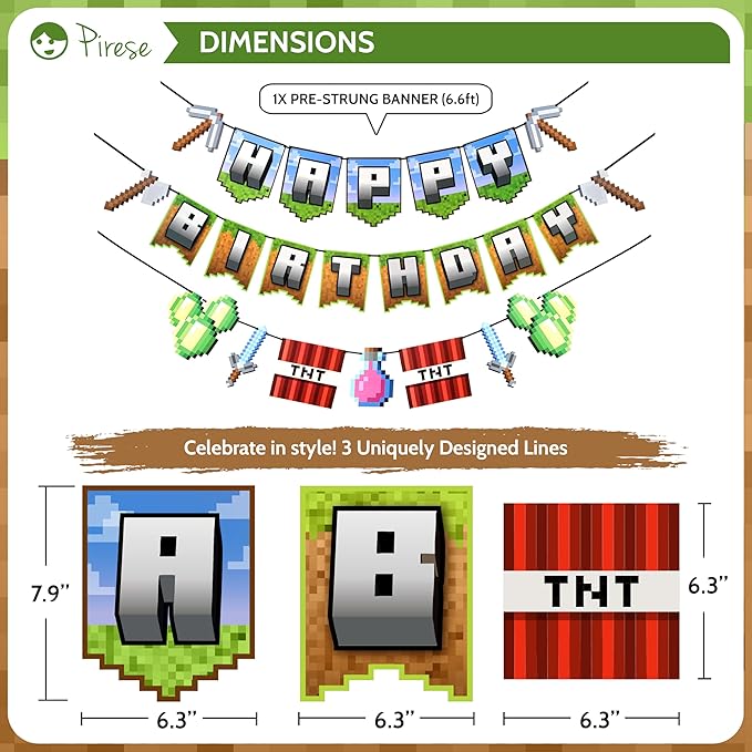 Pirese Pixel Birthday Decorations – Pixel Happy Birthday Banner with Balloons, Pre-Strung Retro Video Game Birthday Party Supplies Kit