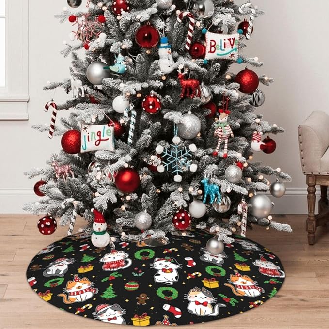 Funny Cats Christmas Tree Skirt, 30 Inch Xmas Tree Mat for Holiday Party Home Decor Indoor Outdoor Use with Adorable Cat Designs 48"