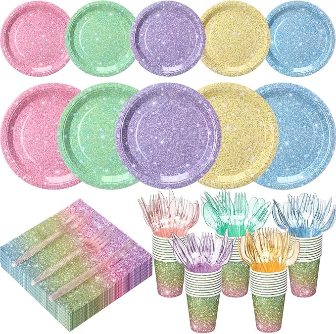 Hushee 175 Pcs Pastel Rainbow Holographic Print Party Supplies Guests Disposable Dinnerware Set Include Paper Plates, Napkins, Cups, Plastic Cutlery for Wedding Birthday Disco Bachelorette