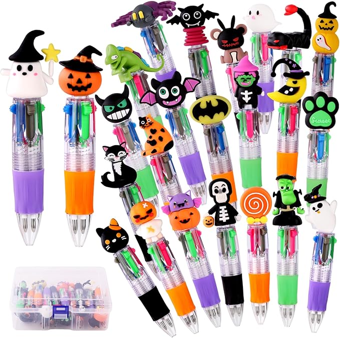 24PCS Halloween Fun Pens Multicolor Ballpoint Pens 4 Colors in 1 Halloween Retractable 0.7mm Multicolor Writing Stationery for Party Favors Supplies Rewards Holiday Gifts