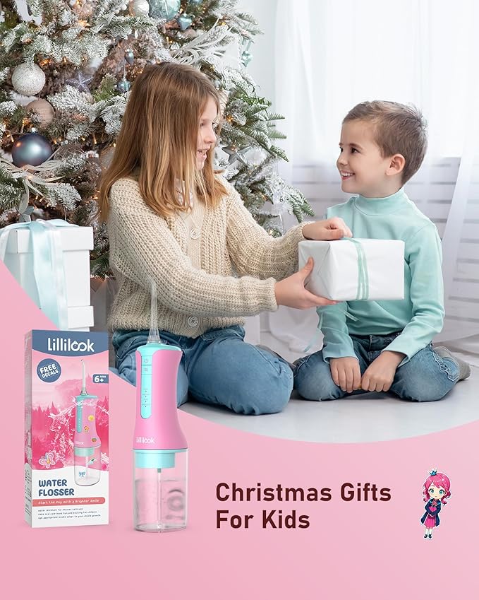 Kids Water Flosser Pink, Rechargeable Oral Irrigator for Kids Aged 6+, 4 Modes, 3 Jet Tips, Fun Stickers, Safe and Gentle Oral Care