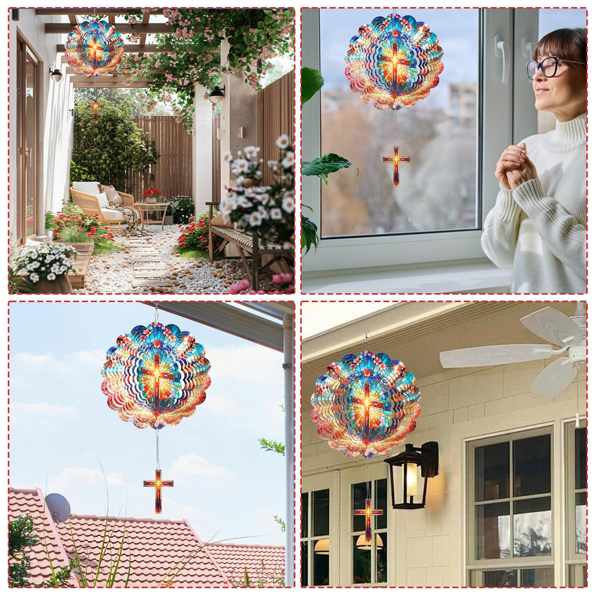 Rngmsi Cross Wind Spinners Outdoor - Cross 3D Metal Yard Wind Spinner Hanging Decor Kinetic Art Garden Porch Thanksgiving Day Gifts for Women Mom Grandma, (12 X 12 Inches)
