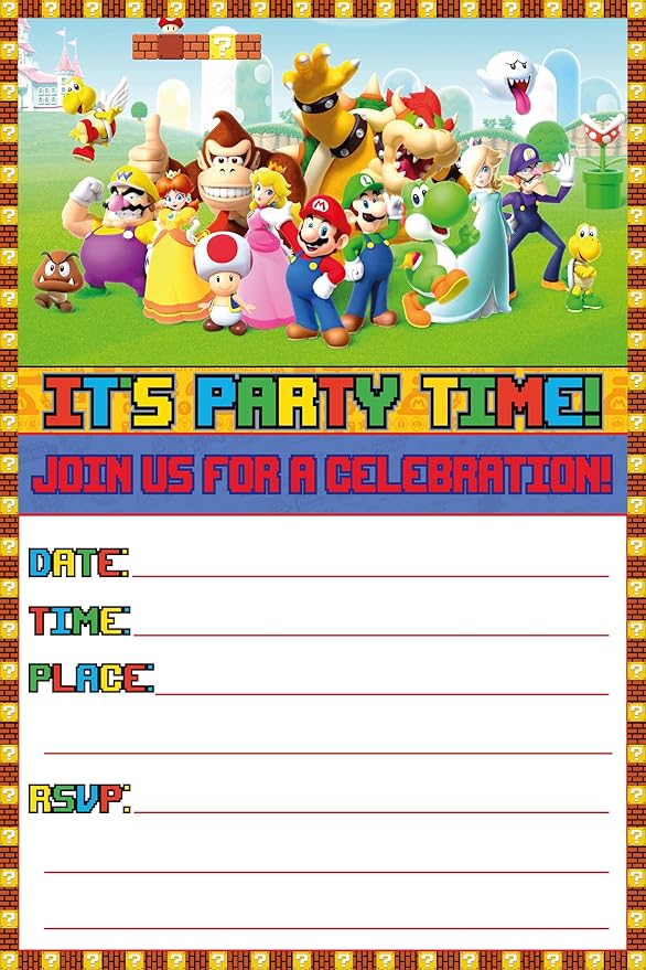 Set of 30 Classic Video Game Themed Happy Birthday Invitation Cards & Envelopes - Lightweight (230g), Postcard Style Invites for the Perfect Party Pack