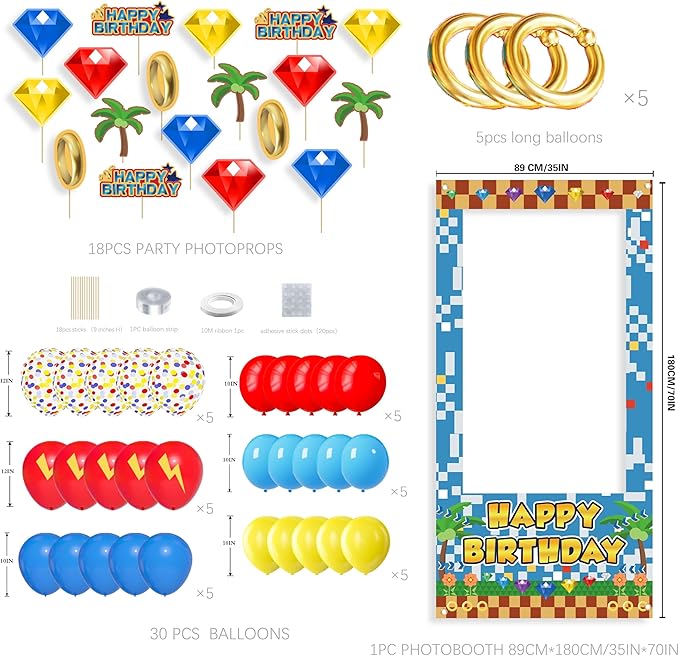 Birthday Decorations for Boys,Happy Birthday Banner, 30 Balloons,Gold Ring Foil Balloon,Photo Booth Props for Men (Hedgehog)