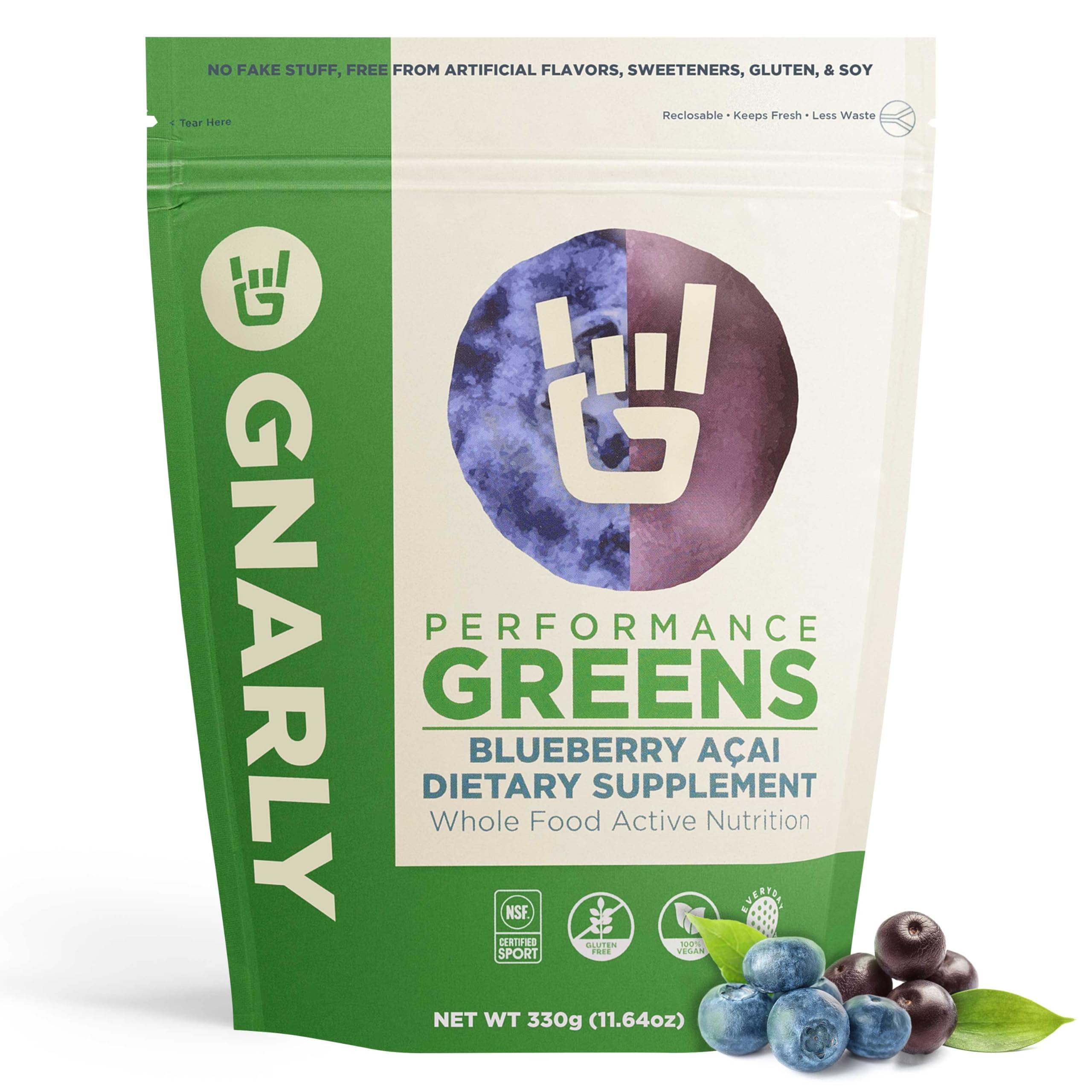 Gnarly Nutrition Greens Superfood Powder – Blueberry Acai Performance Super Greens Powder – NSF Sport Certified – Organic, Probiotics & Essential Micronutrients - Blueberry Acai, 11.64 oz