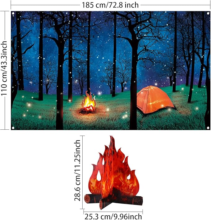 Forest Scene Camping Backdrop Photography Background Campfire Photo Backdrop and 2 Sets 3D Decorative Cardboard Campfire Centerpiece Artificial Fire Party Decoration for Camping Theme Party