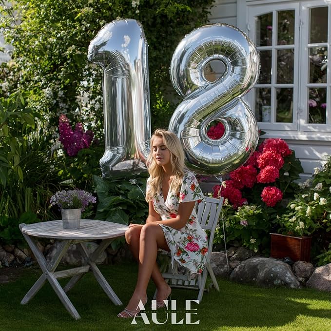 AULE 40 Inch Jumbo Silver Foil Mylar Number Balloons for Boy Girl 18th Birthday Party Decorations 18 Years Old Anniversary Party Supplies