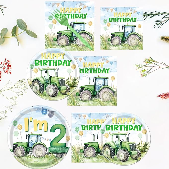 Rakuto Tractor 2nd Birthday Decorations Supplies, 96PCS Tractor Party Plates Napkins and Forks Set, Disposable Farm Two Years Old Birthday Tableware for Boys Serves 24