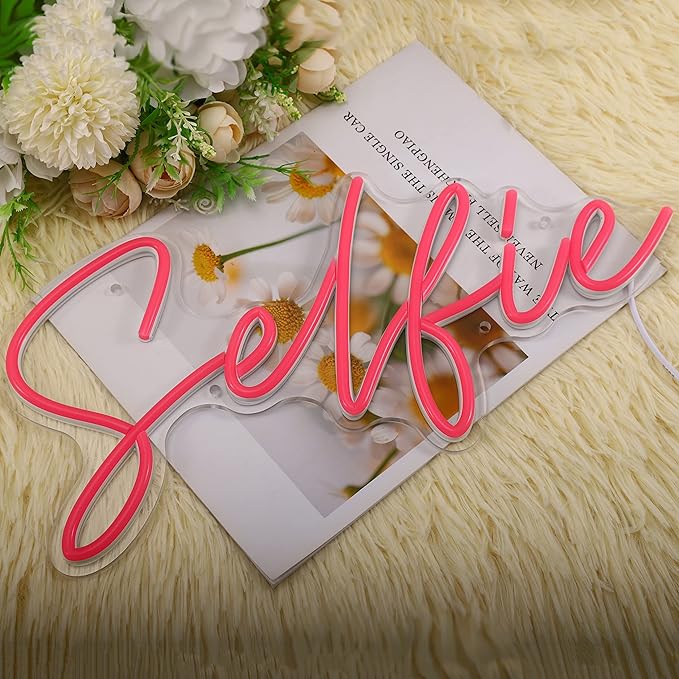 SYLHOME Selfie Pink LED Neon Light Sign Cute Makeup Girls Bedroom Light Up Mirror Wall Decor Sign Photo Studio Boys Kids Room Birthday Party Decor USB 15.2" X 7.1"
