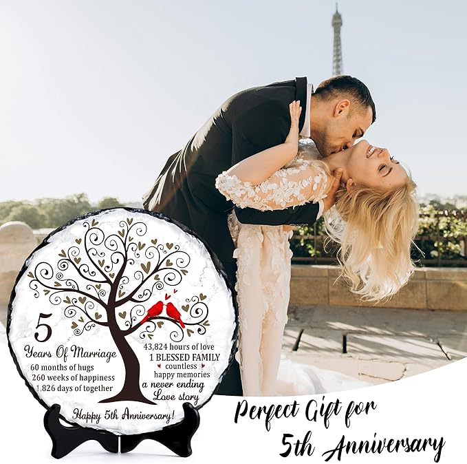 Wood Anniversary Slate Plate – 5th Wedding Gifts for Parents & Couples – Unique 5th Anniversary Wedding Gift Ideas – 5 Years of Marriage Decoration, Keepsake, Slate