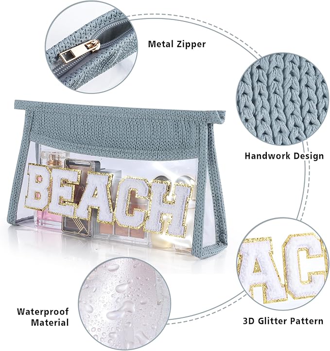 Beach Pouch Sunscreen Clear Makeup Bag Chenille Letter Beach Cosmetic Pouch Summer Essential Cute Toiletry Pouch Travel Accessories Gifts for Women