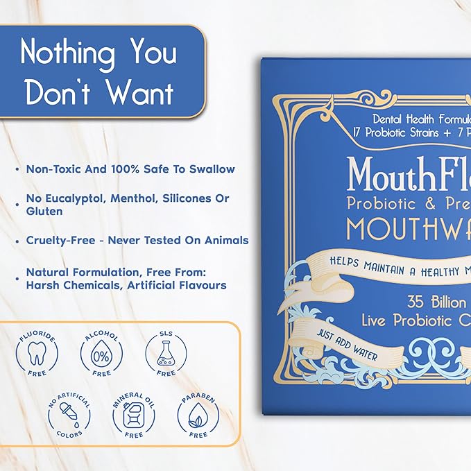 Probiotic & Prebiotic Mouthwash for Adults | Dry Mouth and Oral Thrush Relief | Gum Health Mouthwash | 60 Pack