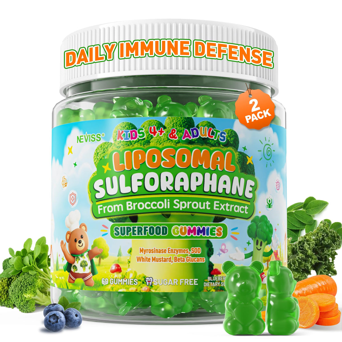 Liposomal Sulforaphane Gummies from Broccoli Sprouts with Superfood, SOD, Beta Glucans, Myrosinase, White Mustard for Kids 4+ & Adults Supports Brain, Cognitive & Focus, Immune, Sugar Free, 120cts