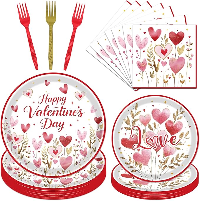 Rakuto Valentines Day Plates and Napkins Decorations, 96PCS Galentines Love Hearts Flower Party Tableware Decoration, Valentine's Day Sweet Love Dinner Forks Decor for Wedding Kitchen Dinner Supplies