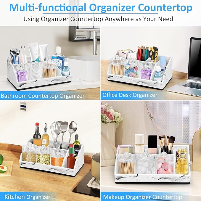 Bathroom Organizer Countertop, White Marble Toothbrush Holders for Bathrooms with 3PCS Qtip Holder Dispenser, Toothbrush and Toothpaste Holder for Bathroom Counter Organization Storage Vanity