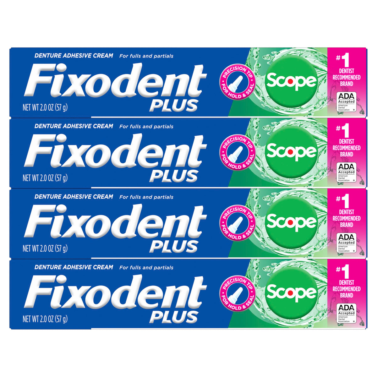 Fixodent Plus Scope Denture Adhesive Cream, Scope Mint, 2.0 oz (4-Pack) – Strong False Teeth Glue