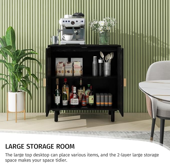 Black Sideboard Cabinet with 2 Rattan Doors, Rattan Buffet Cabinet with Adjustable Shelves & Pine Legs, Boho Sideboard Buffet for Living Room, Kitchen, Entryway (Black,1 PCS)