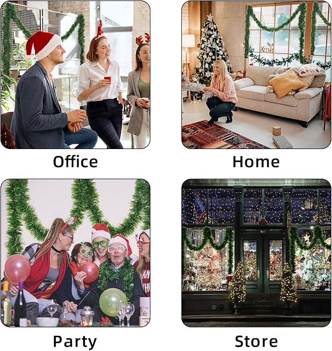 Green Garland Christmas Decorations,50Ft Xams Greenery Tinsel Stems Non-Lit Soft Twist Garland Decor for Tree Stairs Railing Front Door Mantle Fireplace Indoor Outdoor Holiday Home