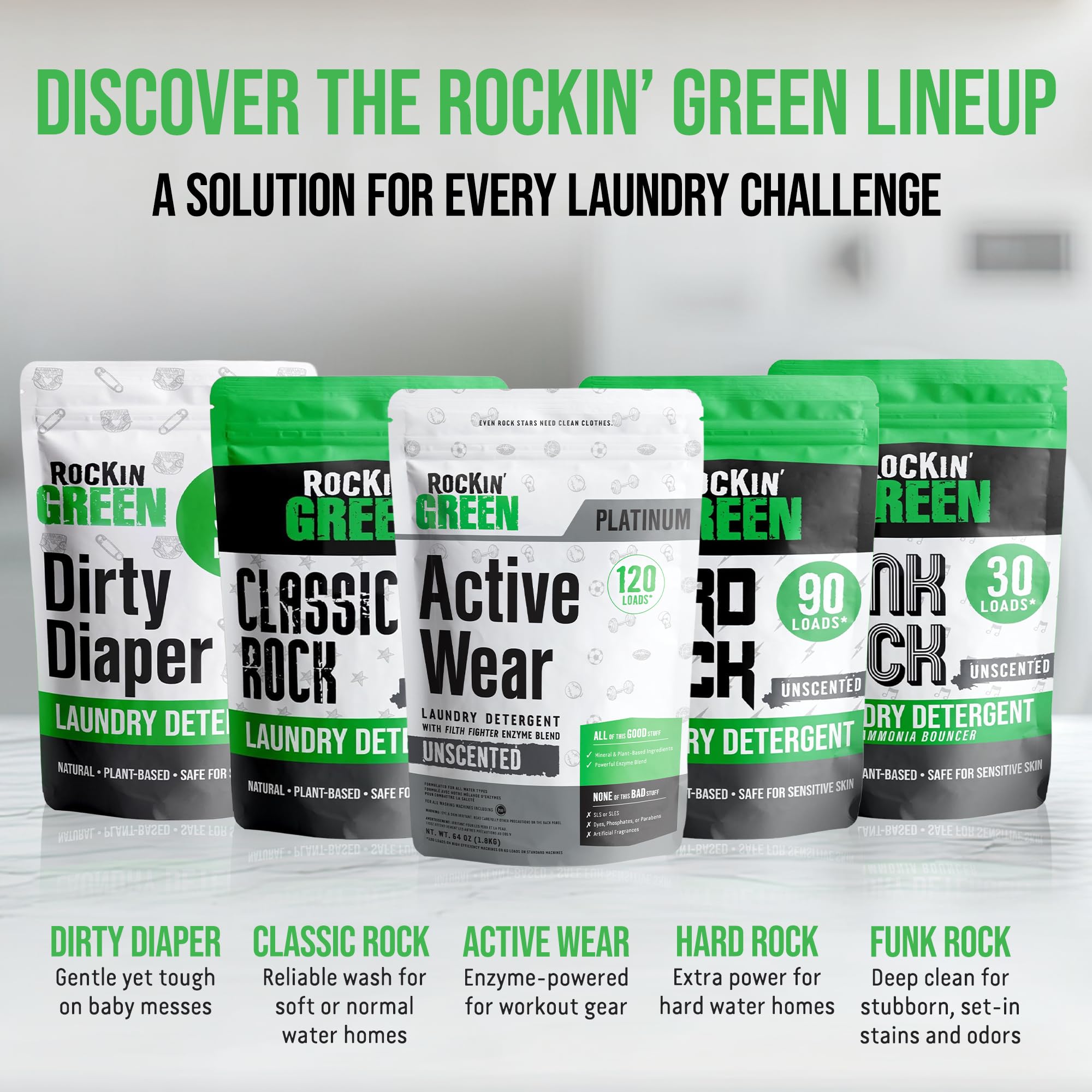 Rockin' Green Laundry Detergent, Plant based, All Natural Laundry Detergent Powder, Vegan and Biodegradable Odor Fighter, Safe for Sensitive Skin (Active Wear 120 Loads - Unscented)