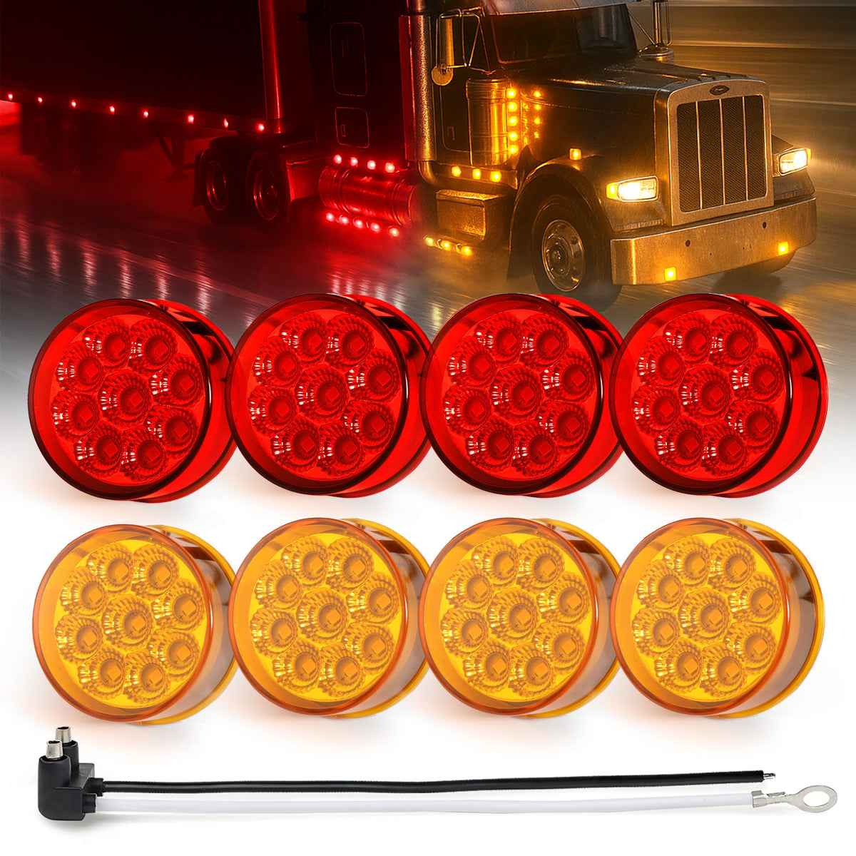 MADCATZ 8Pcs 2 Inch Round 4 Amber + 4 Red LED Side Marker Lights 9LEDs Reflectors with 2 Prong Pigtail Sealed Waterproof 12V for