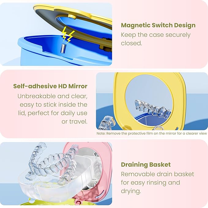 Retainer Case with Mirror and Vent Holes, Cute Slim Aligner Case Compatible with Invisalign, Magnetic Closure Orthodontic Case for Retainers and Mouth Guards (Pink & Yellowish Green)