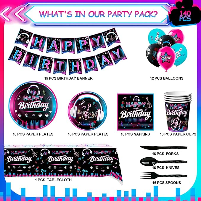 Music Party Decorations, 16 Guests Music Birthday Party Tableware Set, Music Balloons Banner Tablecloth Plates Cups Napkin etc Music Theme Party Decor Supplies