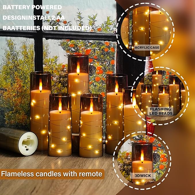 Flickering Flameless LED Candles,Battery Operated Candles 24 Pcs with Embedded Star String,Acrylic LED Pillar Candles with Remote,Suitable for Home Decoration to Create an Atmosphere (Grey)