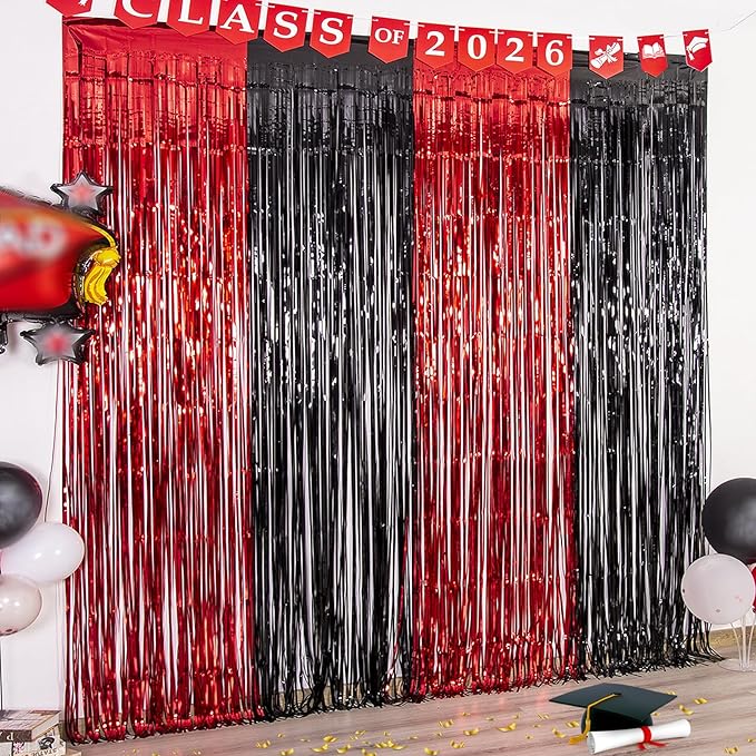 LOLStar Graduation Party Decoration, 4 Pack Red and Black 3.3x6.6 ft Foil Fringe Curtains, Tinsel Backdrop, Graduation Photo Booth Prop Streamer Backdrop for Class of 2026, Prom and Grad Party Decor