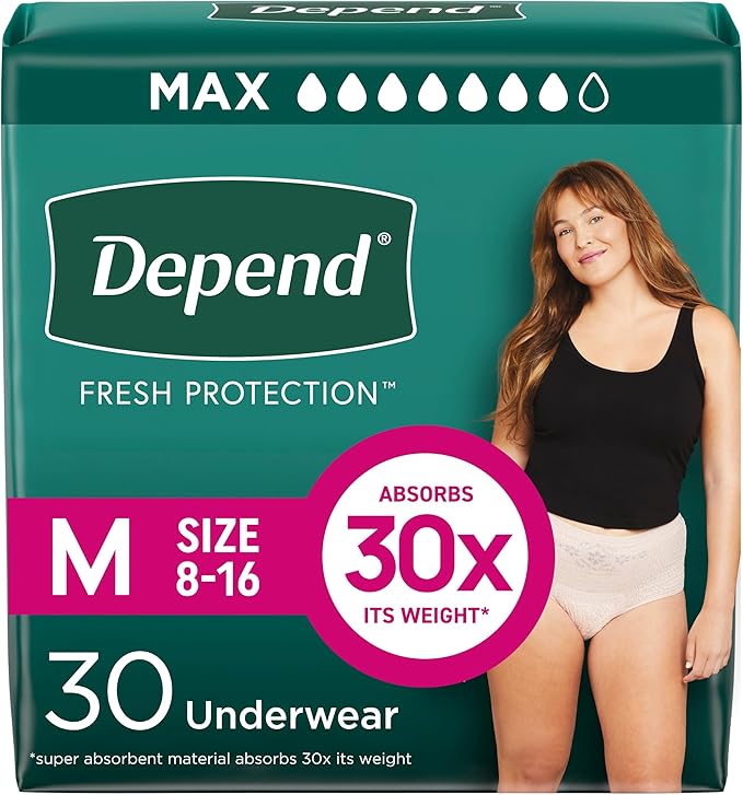 Depend Fresh Protection Adult Diapers, Incontinence & Postpartum Bladder Leak Underwear for Women, Disposable, Maximum, Medium, Blush, 30 Count, Packaging May Vary