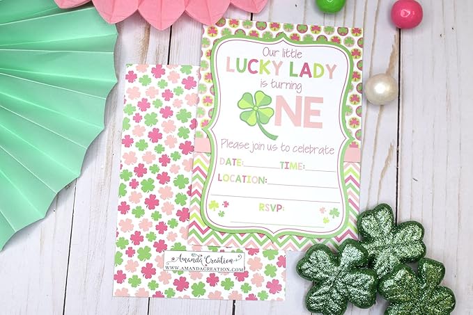 Lucky Lady First Birthday Clover St. Patrick’s Day Party Invitations for Girls, 20 5x7 Fill In Cards with Twenty White Envelopes by AmandaCreation