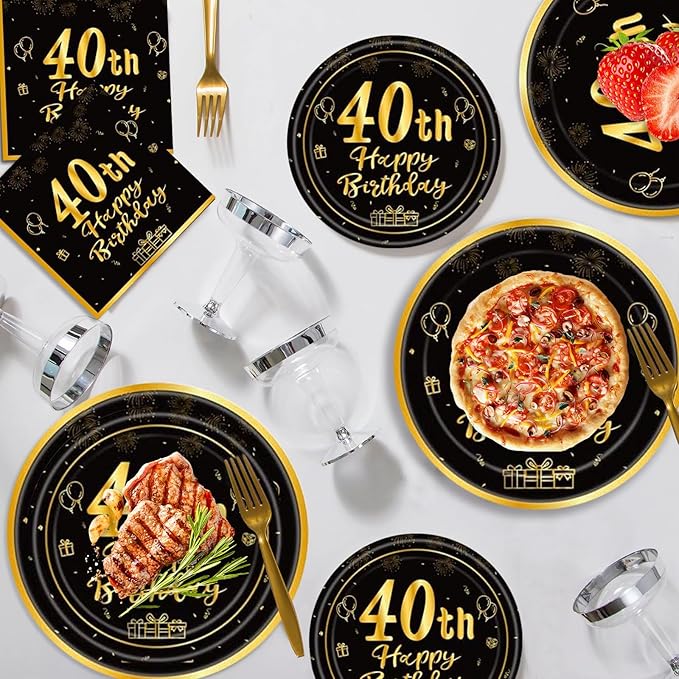 120Pcs 40th Birthday Party Supplies Plates Napkins Cups Forks Tableware Set Gold Black Happy 40th Birthday Themed Disposable Tableware Decoration Serves 24 Guests for Women and Men