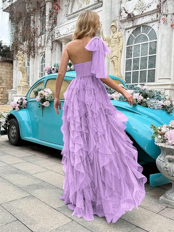 Summer Women Tulle Prom Dress Elegant Bow One Shoulder Slit Evening Party Gown Wedding Guest Bridesmaid Maxi Dress