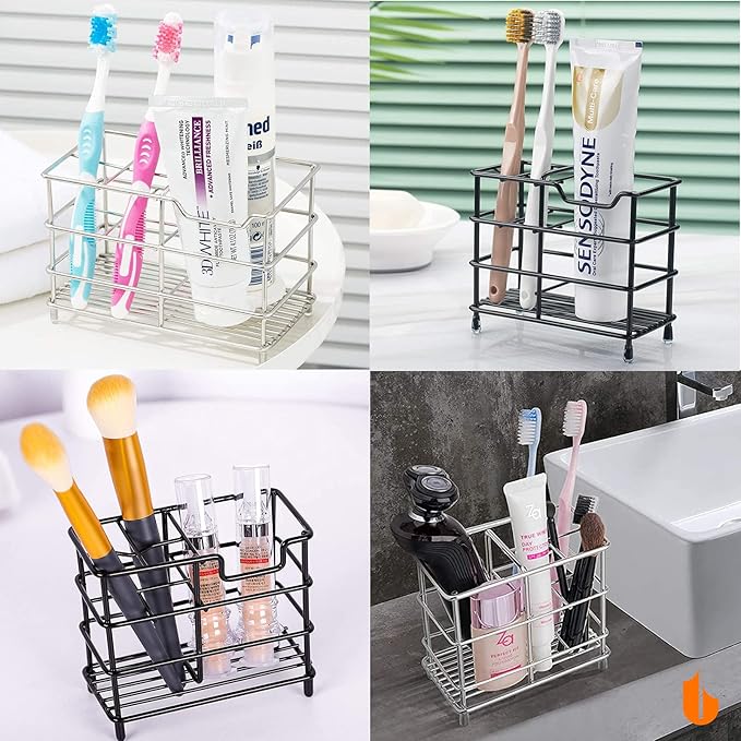 Urbanstrive 304 Stainless Steel Bathroom Toothbrush Holder Toothpaste Holder Stand Bathroom Accessories Organizer (Black, Small)