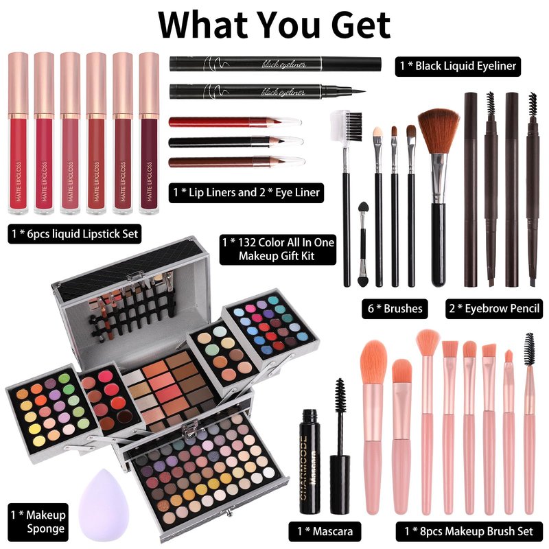 Makeup Gift Set For Women Girls, All in One Full Makeup Kit with Eyeshadow, Lip Gloss, Concealer, Blush, Contour, Highlighter Brushes Liquid Lipsticks Eyebrow Pen Mascara Eyeliner Pencil (Black Set)