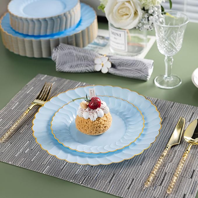 Lullaby 60PCS Light Blue Scalloped Plastic Plates with Gold Rim, Includes 30PCS Dinner Plate 10'' and 30PCS Dessert Plate 7.5'', Baby Blue Plastic Plates for Party, Wedding and Daily Use