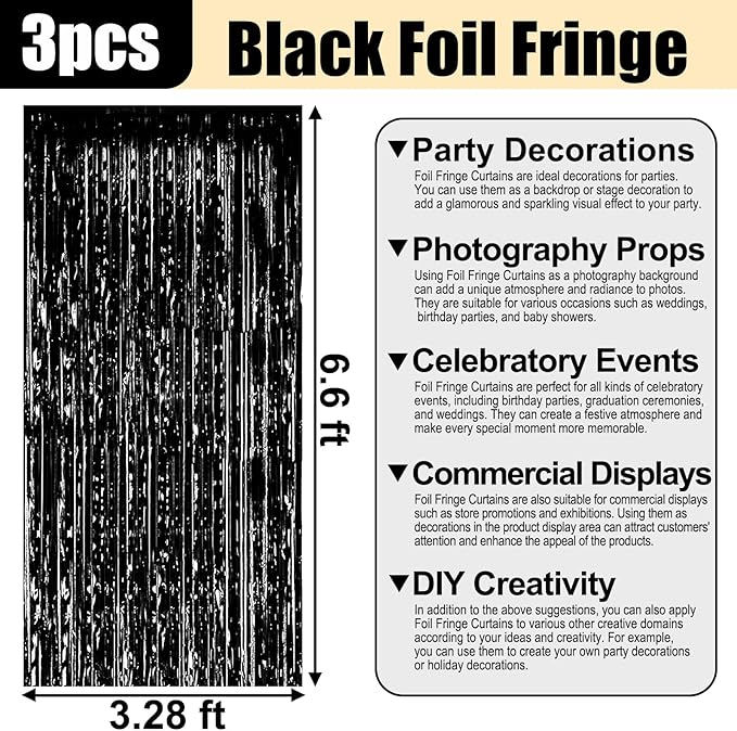 3 Pack Black Foil Fringe Curtain Backdrop, 3.28Ft x 6.6Ft Metallic Tinsel Foil Fringe Streamer Curtains for Photo Booth, Christmas Day, Thanksgiving, Wedding, New Year Party Decorations
